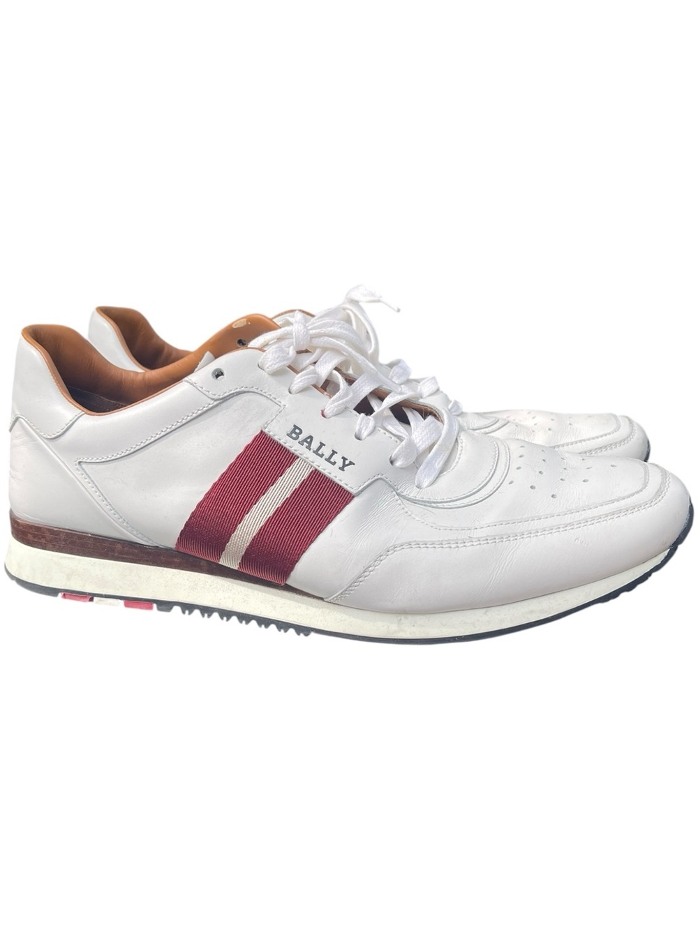 BALLY Aston Men's White Calf Leather Sneakers with Red Stripe EUC Size 11